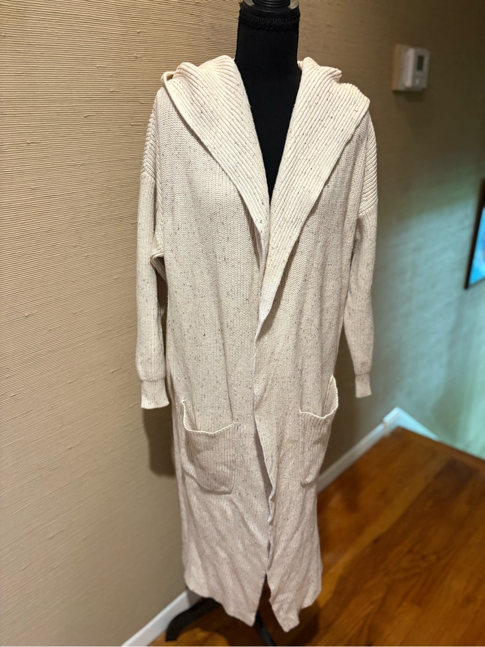 Long Hooded Knit Cardigan Sweater - Cream